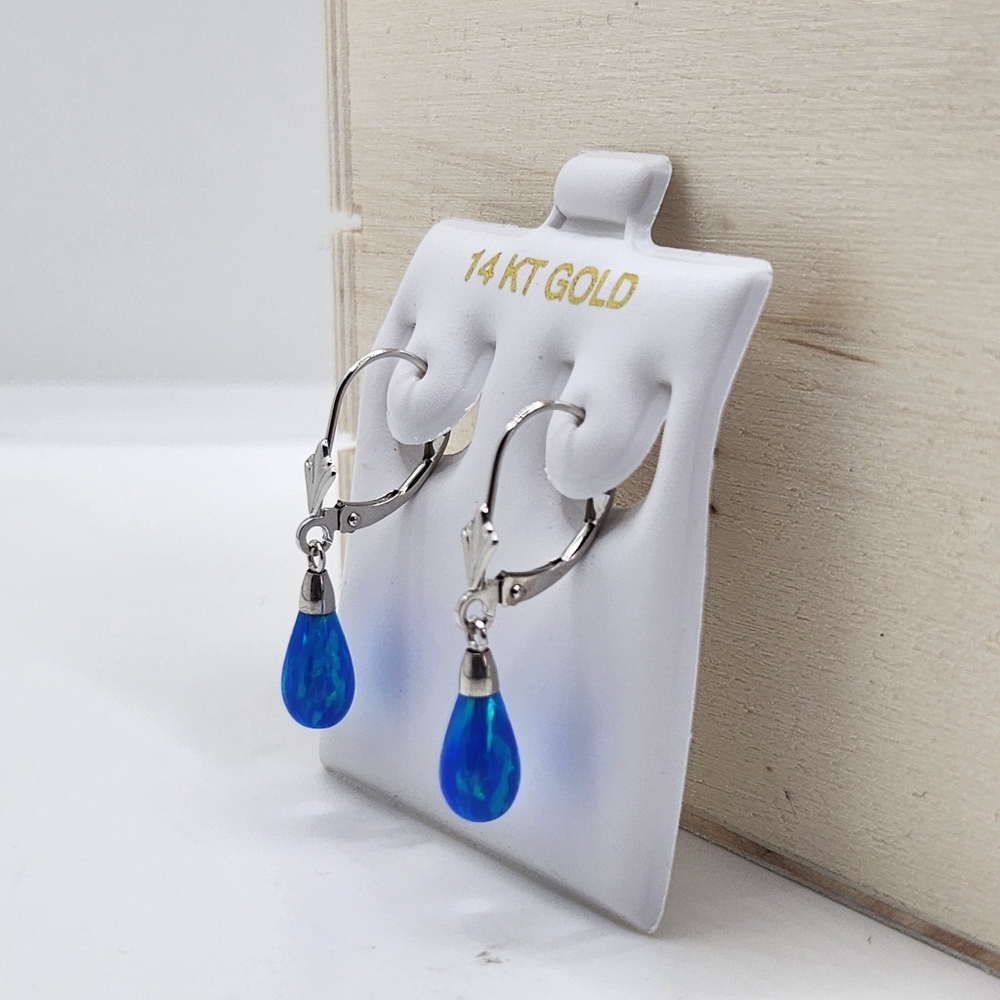 14K Solid Yellow Blue Opal Dangle Earrings